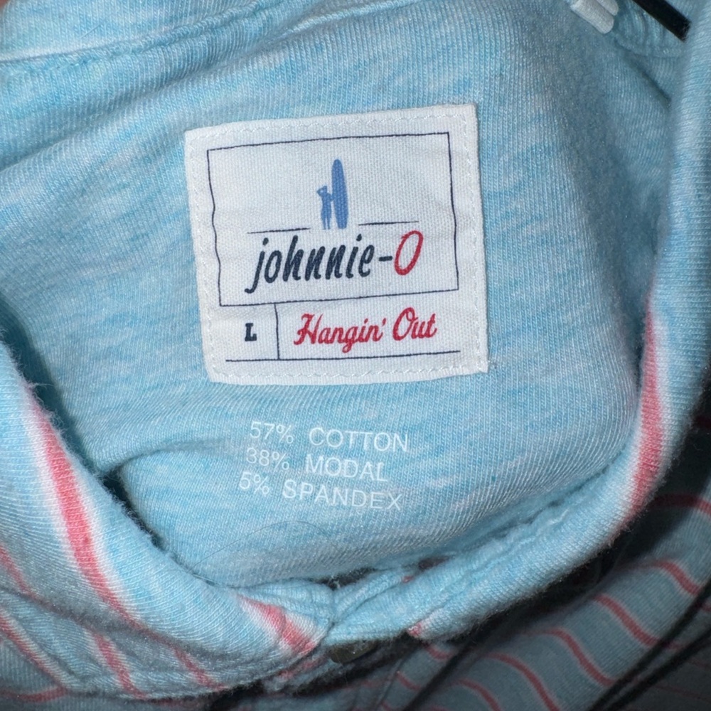 johnnie-O Hangin’ Out
Light Blue and Red/Pink Striped Polo Shirt
Size: Large - Picture 4 of 4